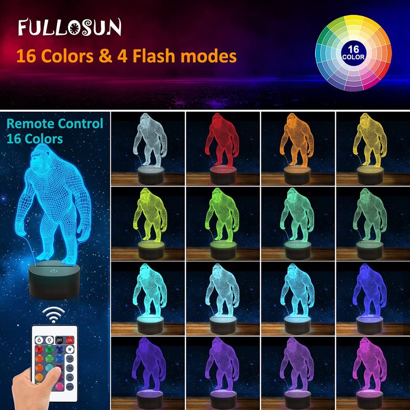 FULLOSUN 3D Night Light Ape Gorilla LED Nightlight Baby Nursery Monkey Lamp for Kids' Room Home DÃ©cor Xmas Birthday Gifts with 16 Color Changing - Image 2